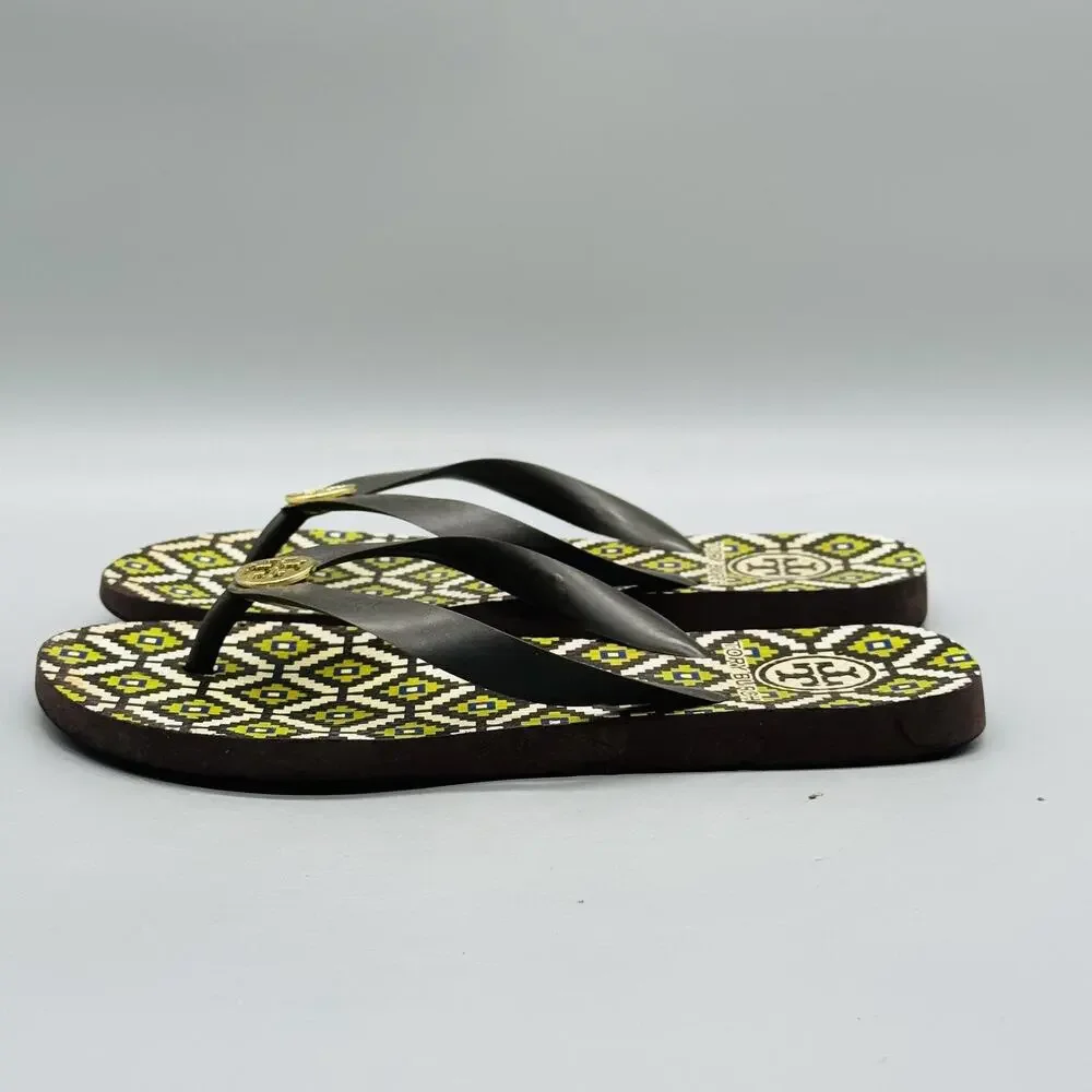 Tory Burch Sandals Womens 6 Multicolor Rubber Flip Flop Geometric Logo Shoes